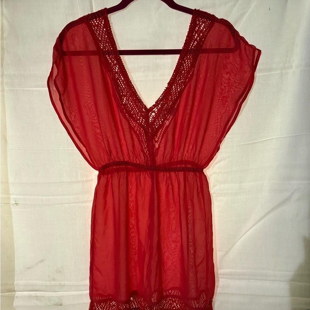 Red Lace Trim Chemise with Flutter Sleeves